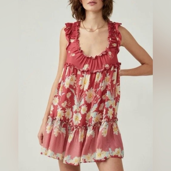 Free People Intimately Red Floral Ruffle Crisscross Mini Slip Dress XS - Picture 6 of 12